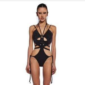 NWT Darker Wavs x Dolls Kill Black Washed Strappy Cutout Detail Bodysuit